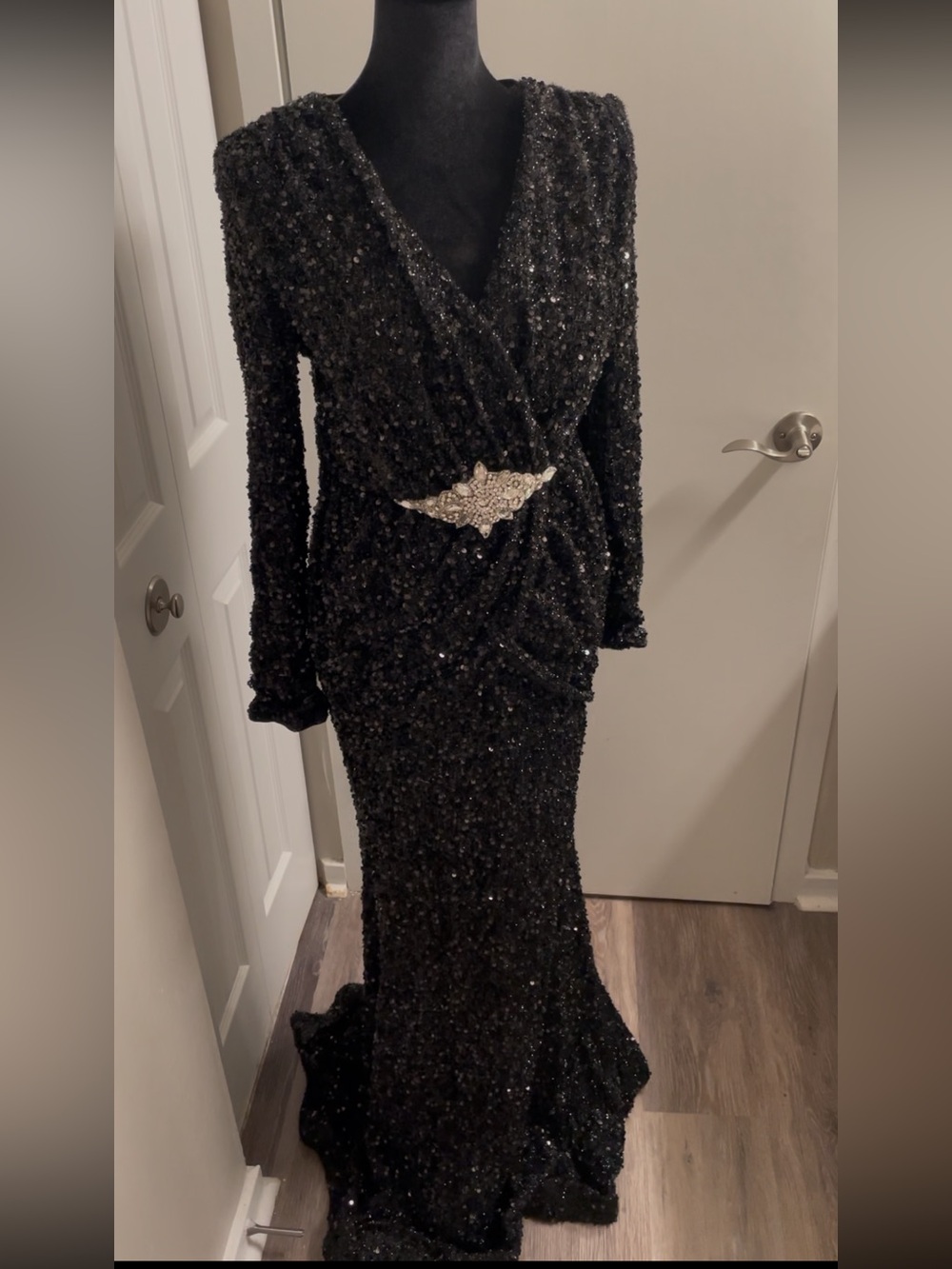 Black Sequin Long Sleeve Wrap Gown with Jeweled Accent